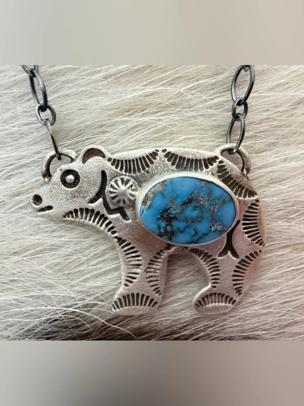 ❤️ Golden Hills Turquoise Hand Stamped Statement Bear Necklace 925 Matte 18+2”